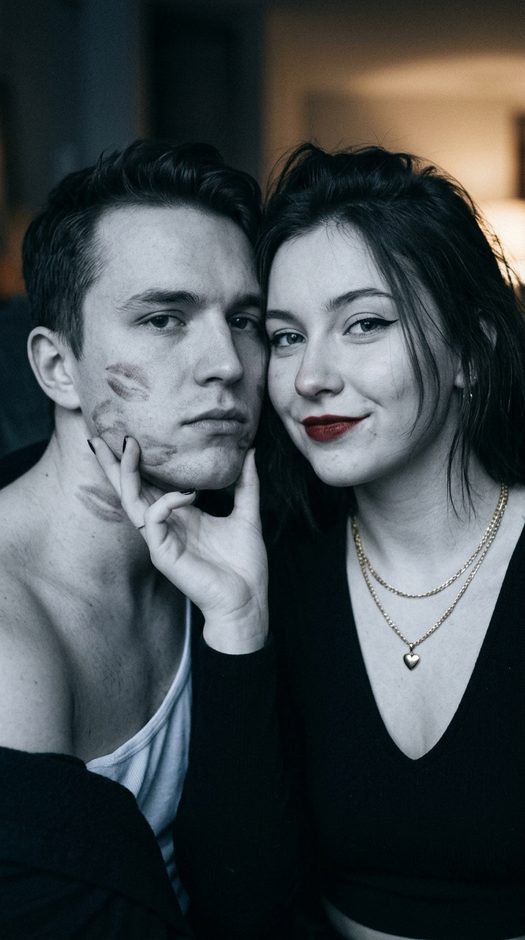 парная фотосессия с помадой и пленочным эффектом