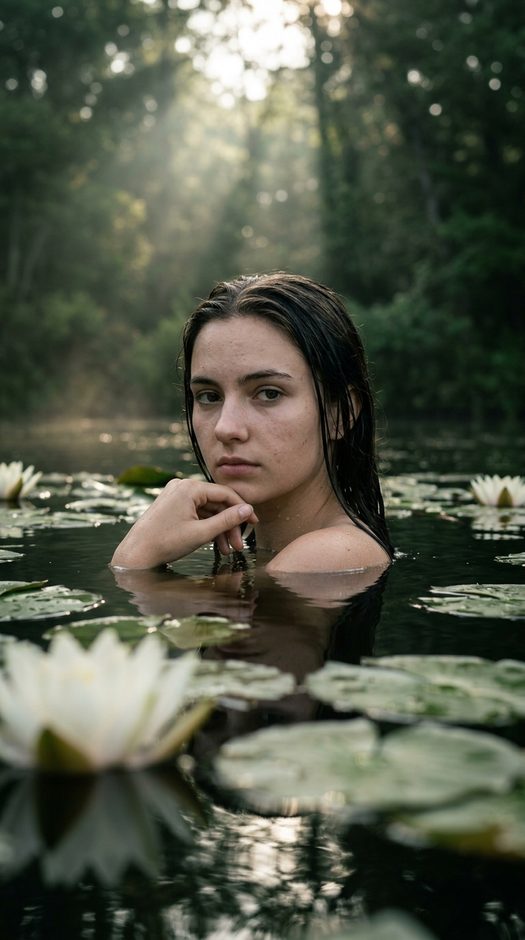 девушка в воде среди кувшинок