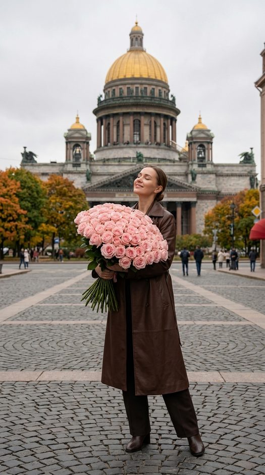женщина с букетом роз у исаакиевского собора