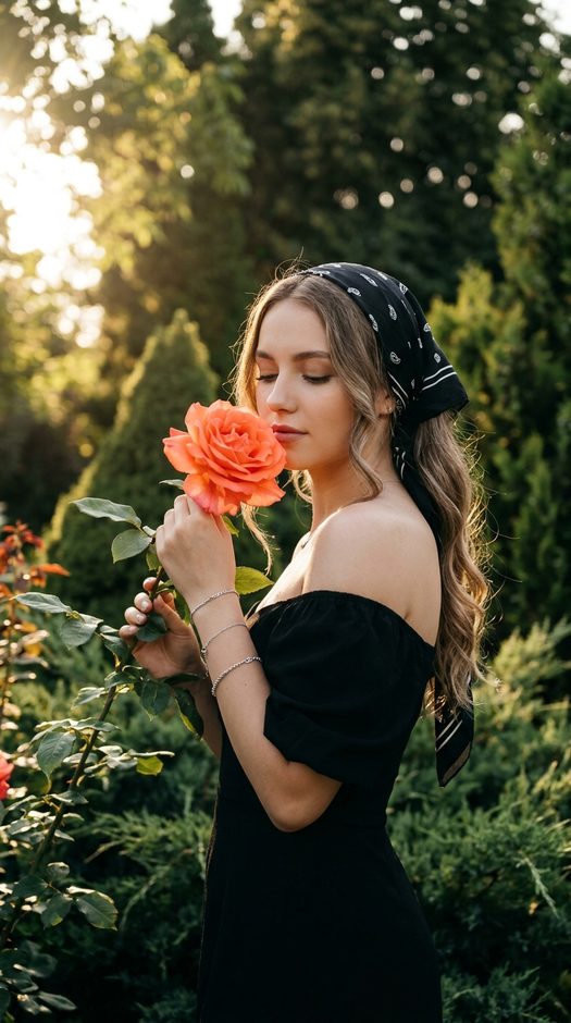 женщина с розой в летнем саду
