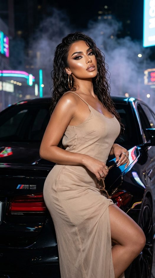девушка у bmw m5 в бежевом платье ночью