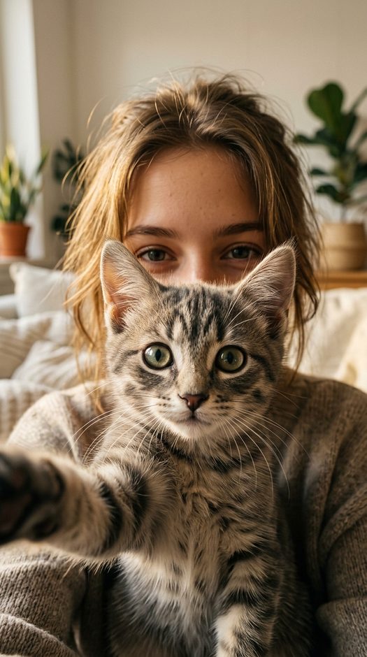 девушка с кошкой в уютной домашней съемке