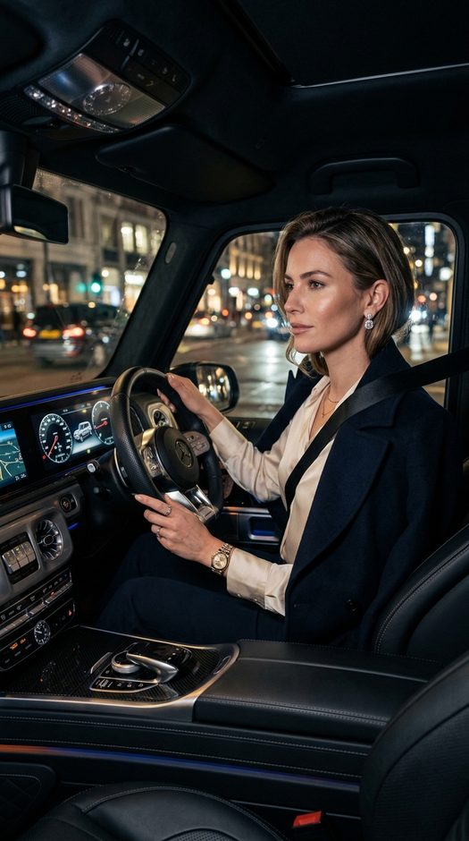 женщина в гелендвагене в стиле quiet luxury