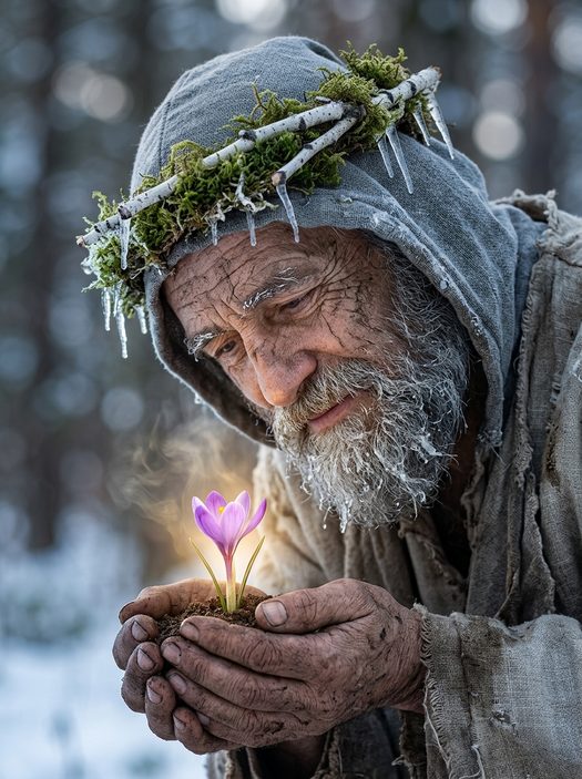 мужчина с крокусом в зимнем лесу