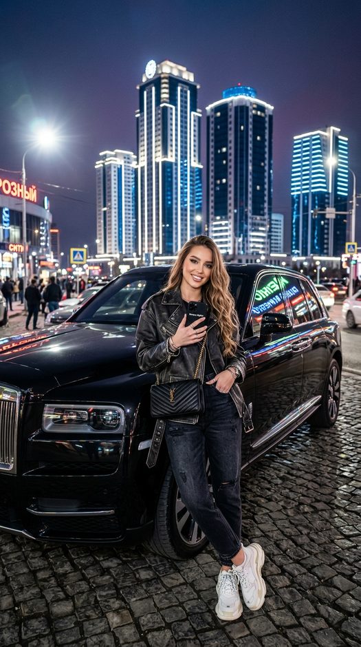 девушка у черной машины на фоне grozny city
