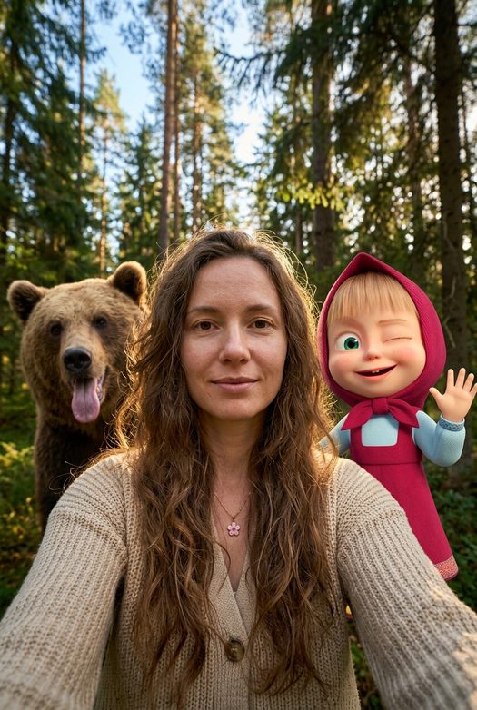 селфи в лесу с медведем и 3d девочкой