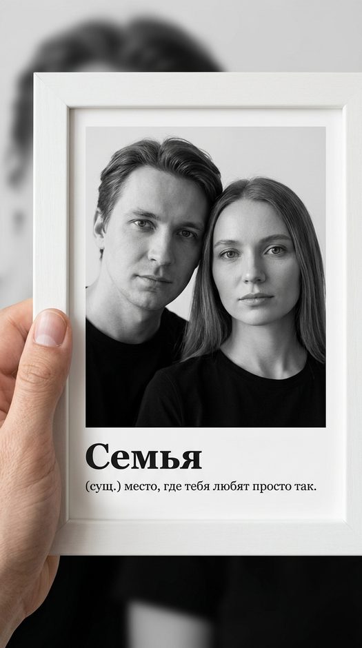 пара в белой фоторамке с надписью семья