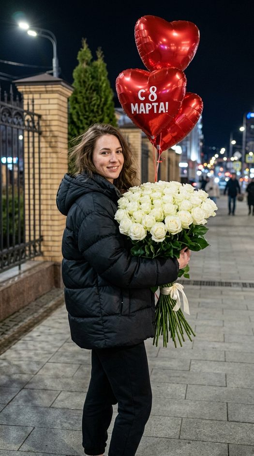женщина с белыми розами и шарами на 8 марта