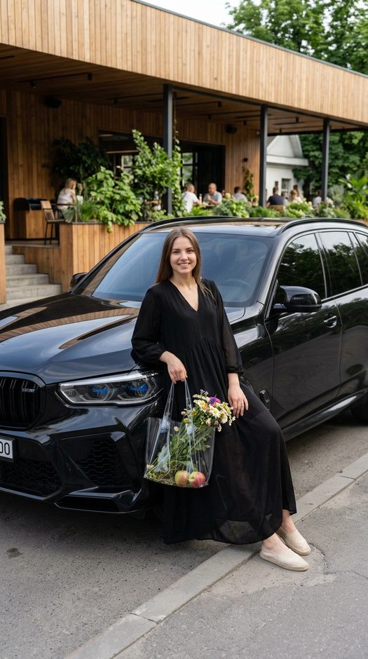 Девушка у черного BMW X5M возле летнего кафе
