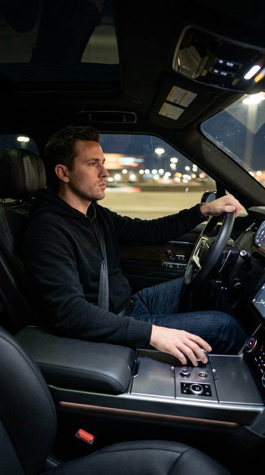 Мужчина за рулем люксового SUV ночью