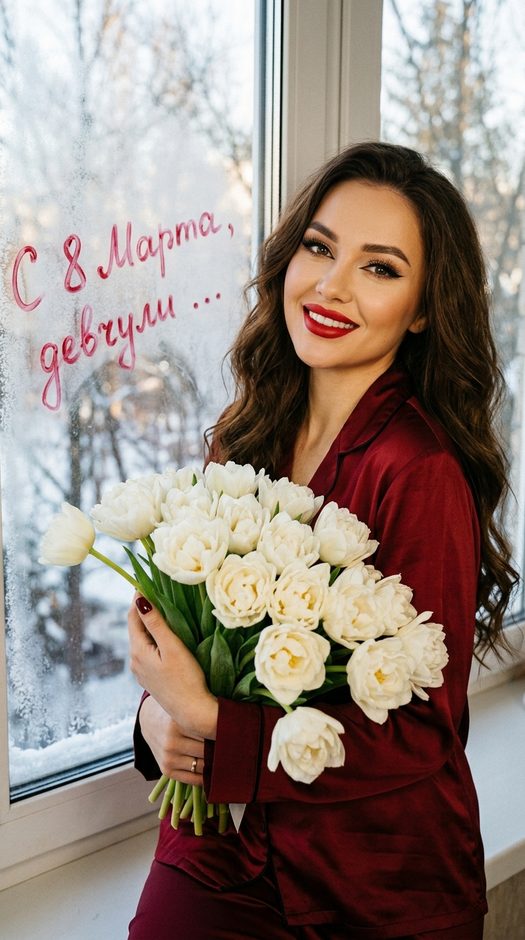 Женщина у окна с тюльпанами на 8 марта