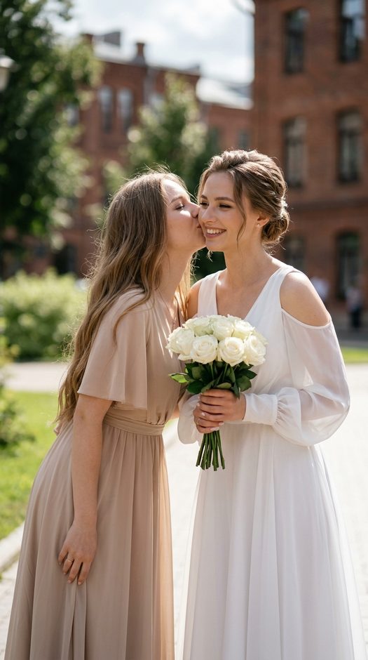 свадебная фотосессия двух девушек с поцелуем в щеку