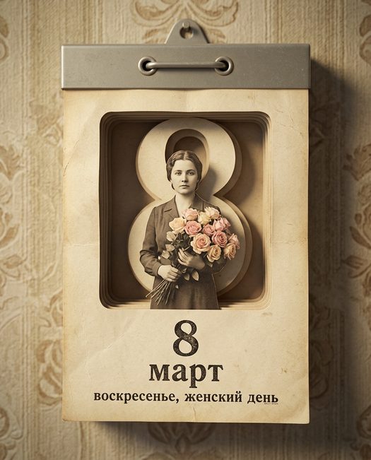 Ретро календарь 8 марта с женщиной и розами
