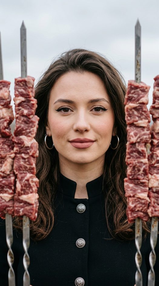 женщина между шампурами с сырым мясом крупный план