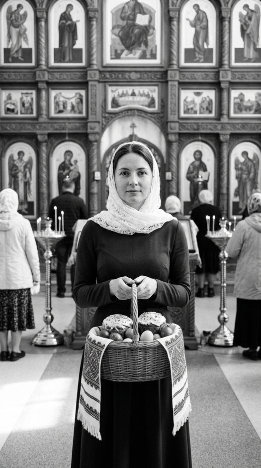 пасхальная фотосессия в храме с корзиной куличей