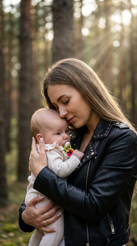 девушка с младенцем в сосновом лесу