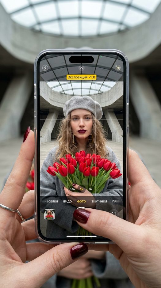 женщина с тюльпанами в экране смартфона