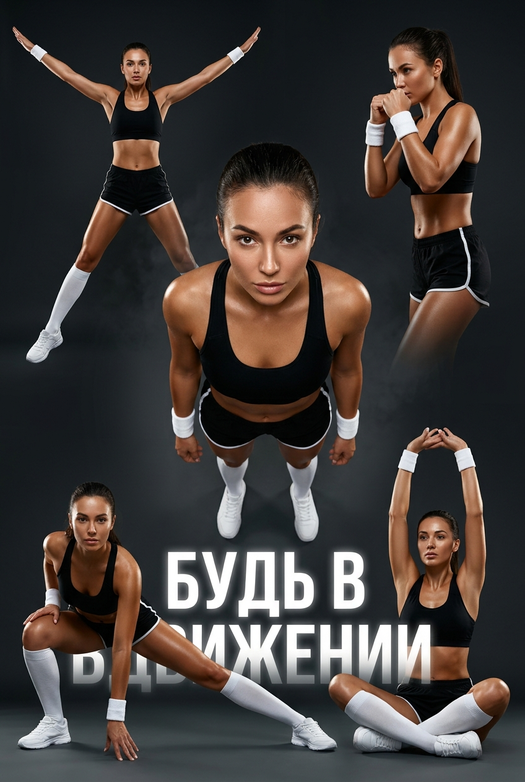 спортивный коллаж девушки в пяти позах