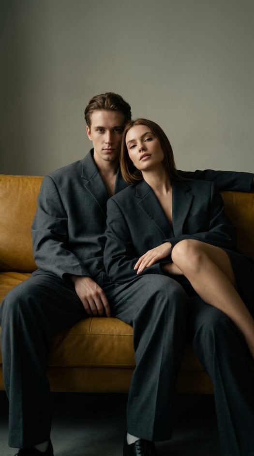 парная fashion фотосессия на кожаном диване