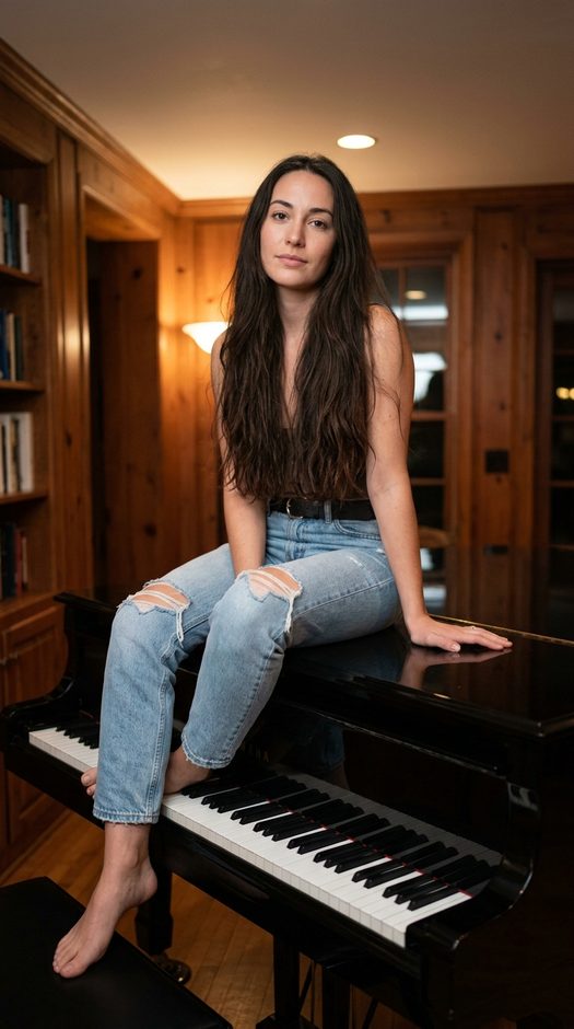 женщина на рояле в рваных джинсах