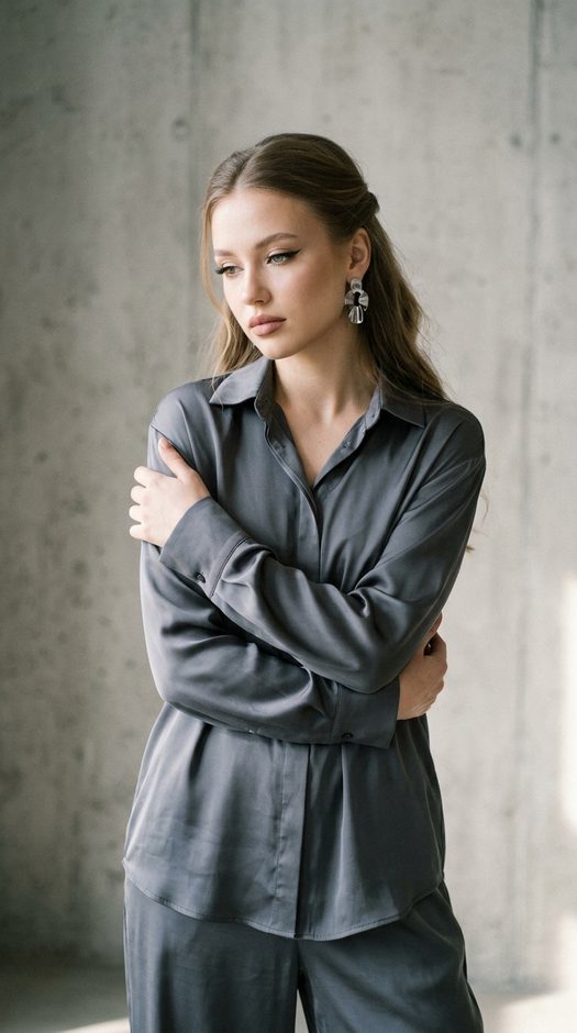 девушка в шелковом графитовом образе vogue