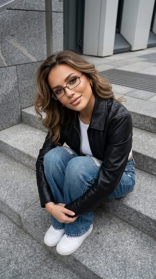 девушка на каменных ступенях в street fashion