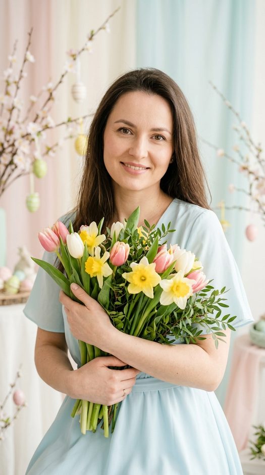 женщина с весенним букетом и пасхальным декором