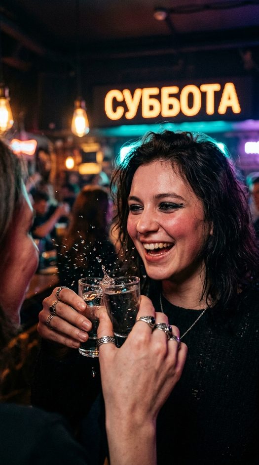 девушка в баре с рюмкой водки и неоновой вывеской