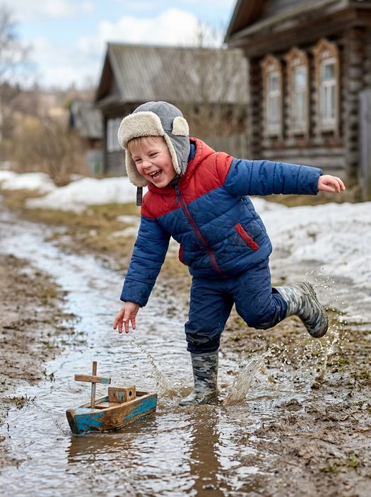 мальчик с лодкой в весеннем ручье