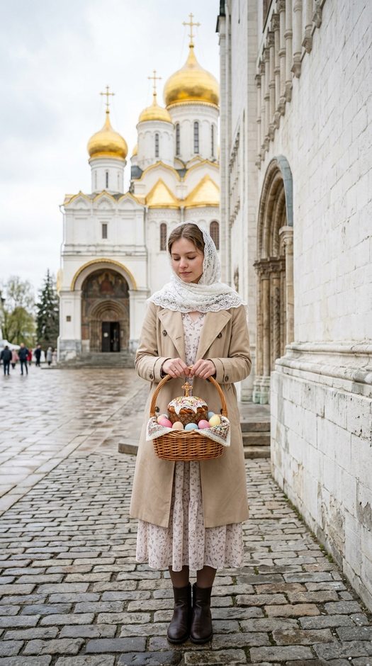 пасхальная фотосессия у храма с корзиной и куличом