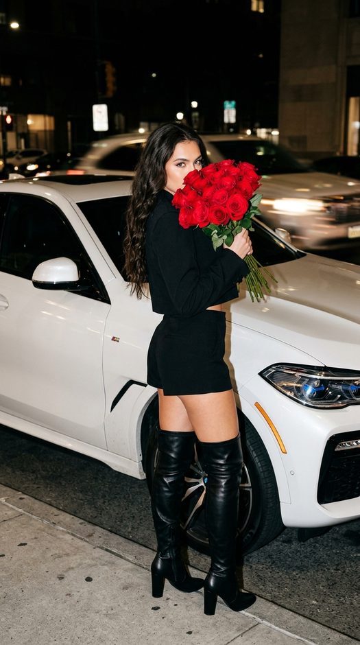 девушка с розами у bmw x6 ночью