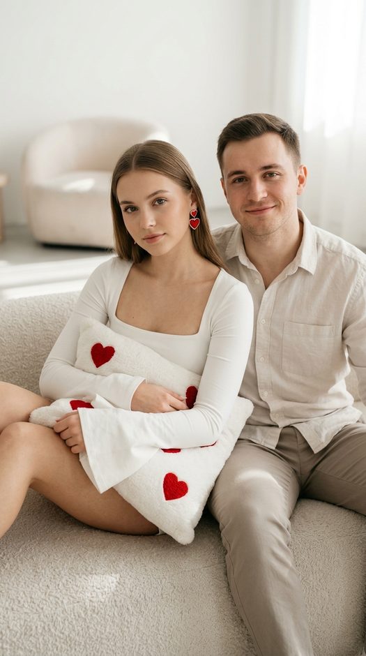 парная фотосессия в студии с подушкой сердцем