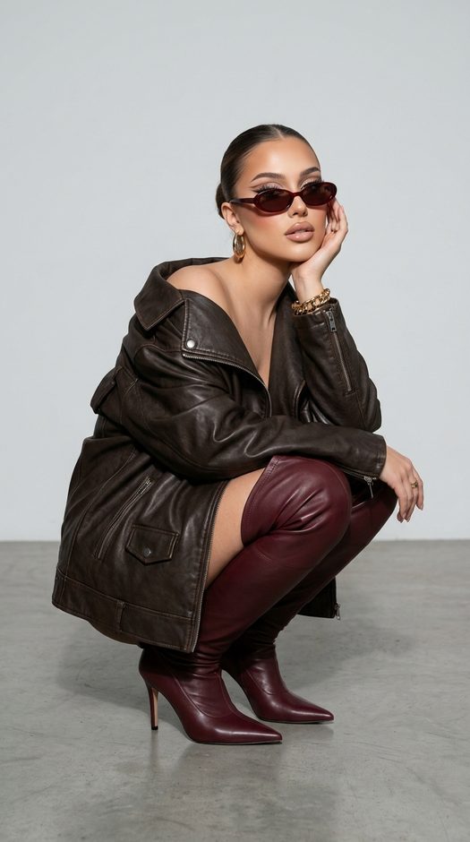 студийная fashion фотосессия в кожаной куртке