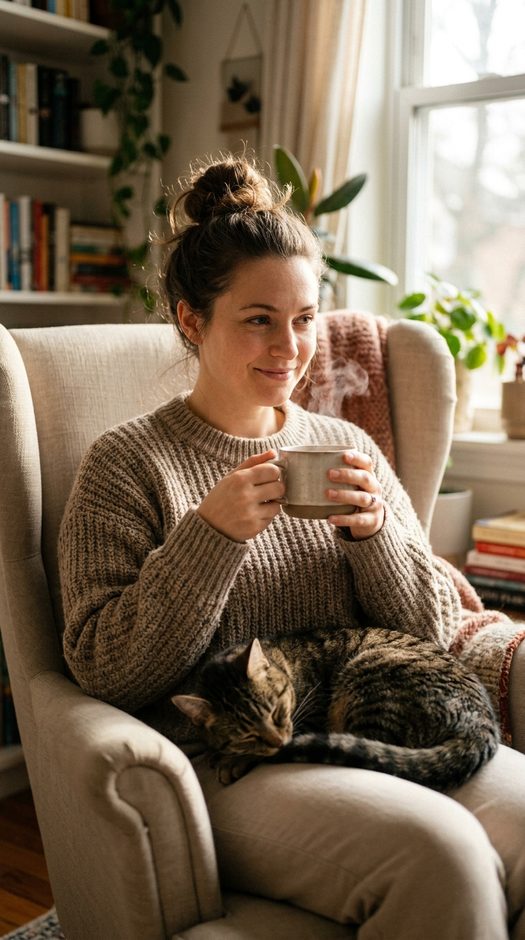 девушка с кофе и котом в домашней фотосессии