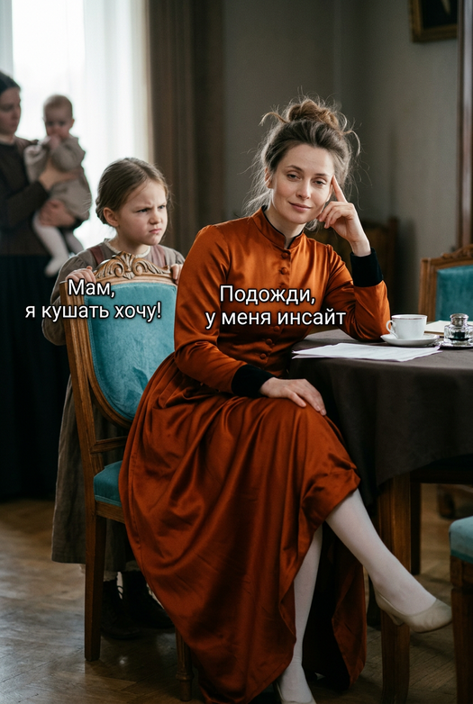 Женщина в интерьере XIX века с девочкой и фразами
