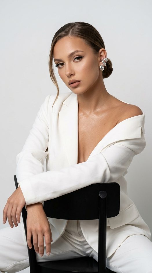 high fashion фотосессия в белом костюме на стуле