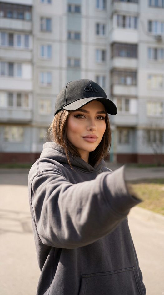 селфи девушки у панельного дома в кепке alo