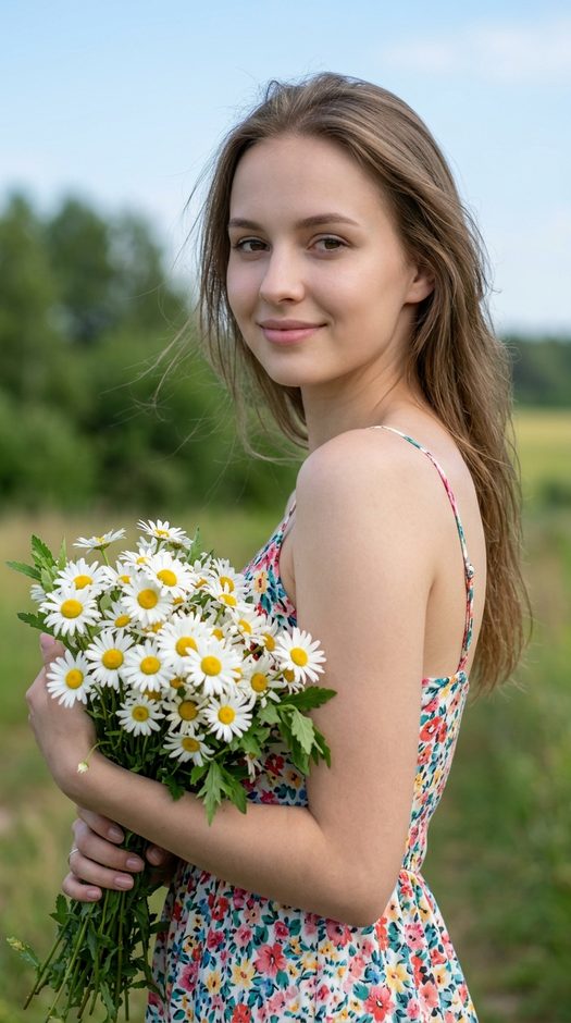девушка с ромашками в поле
