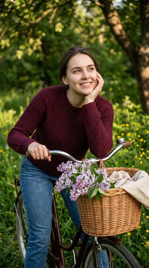 девушка на велосипеде с сиренью