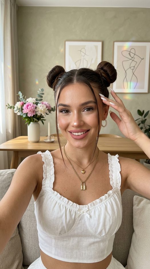 селфи в стиле coquette с space buns