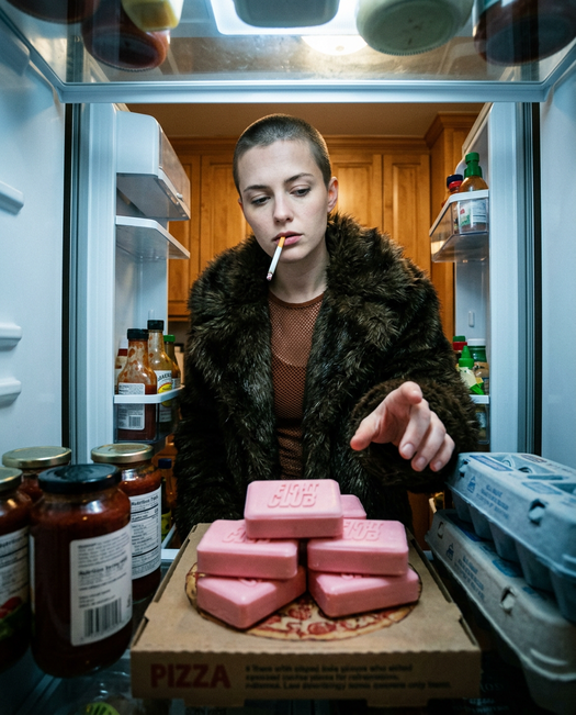 женщина у холодильника с мылом fight club