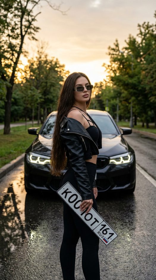 девушка с bmw m5 на пустой дороге в парке