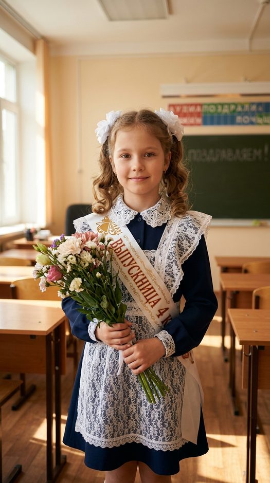 выпускница 4 класса в школьном классе с букетом