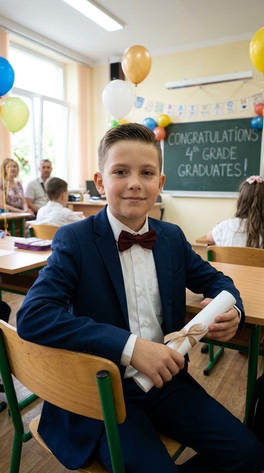 выпускник 4 класса за партой в украшенном классе