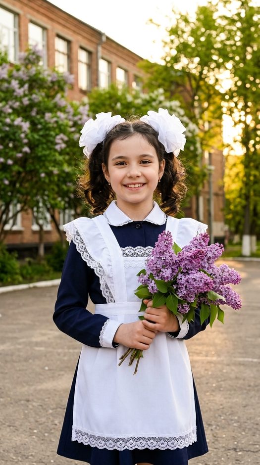 выпускница 4 класса с сиренью у школы весной