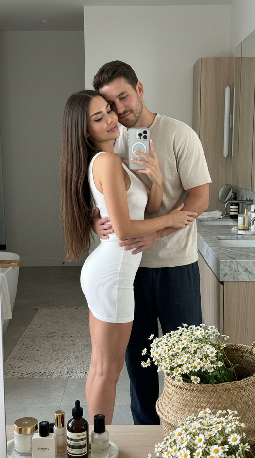Парная фотосессия mirror selfie с ромашками дома