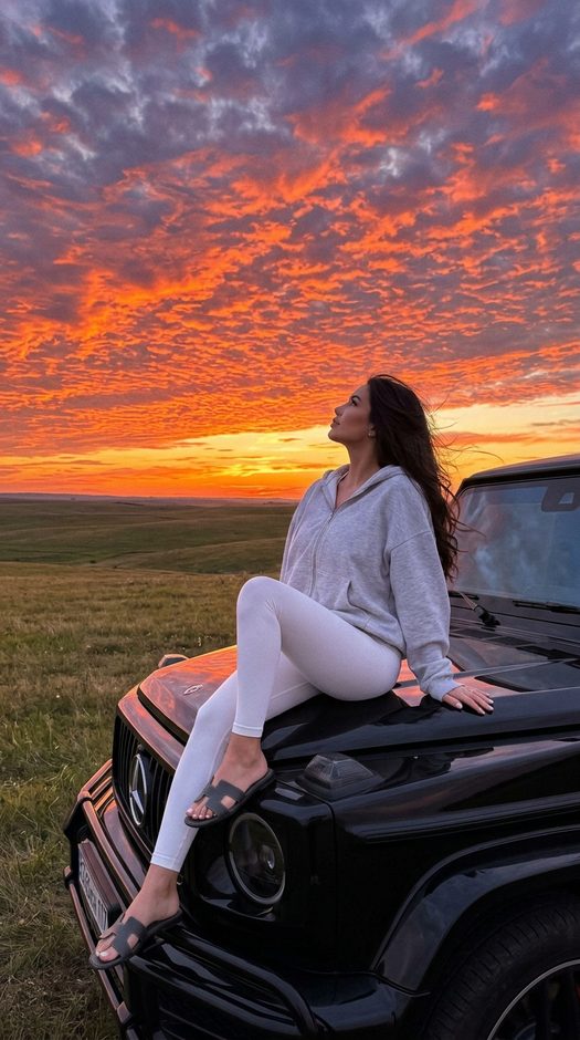 девушка на гелике в поле на закате