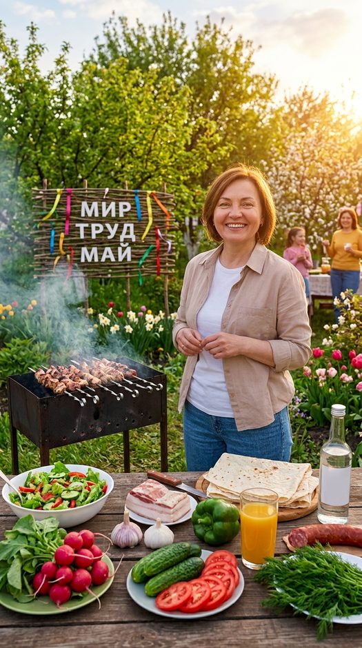 женщина на маевке с шашлыком и надписью мир труд май
