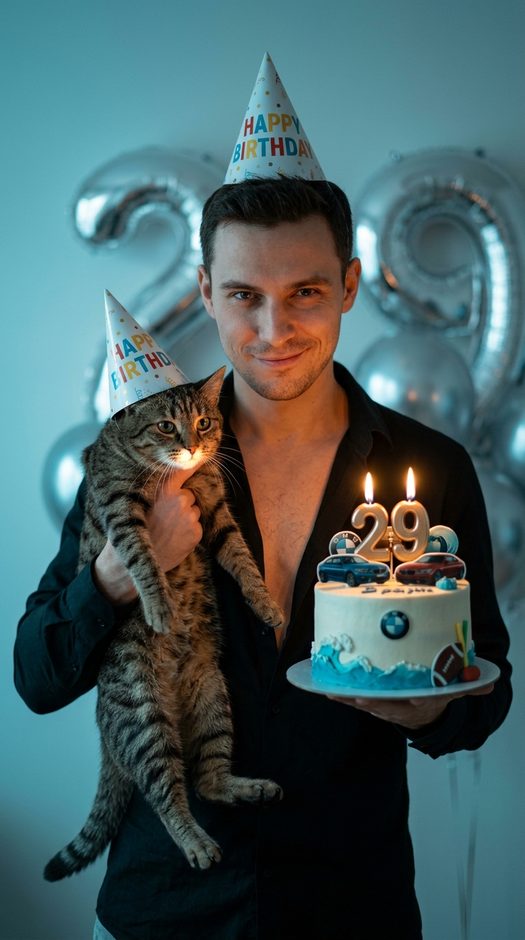день рождения с котом и тортом со свечами 29