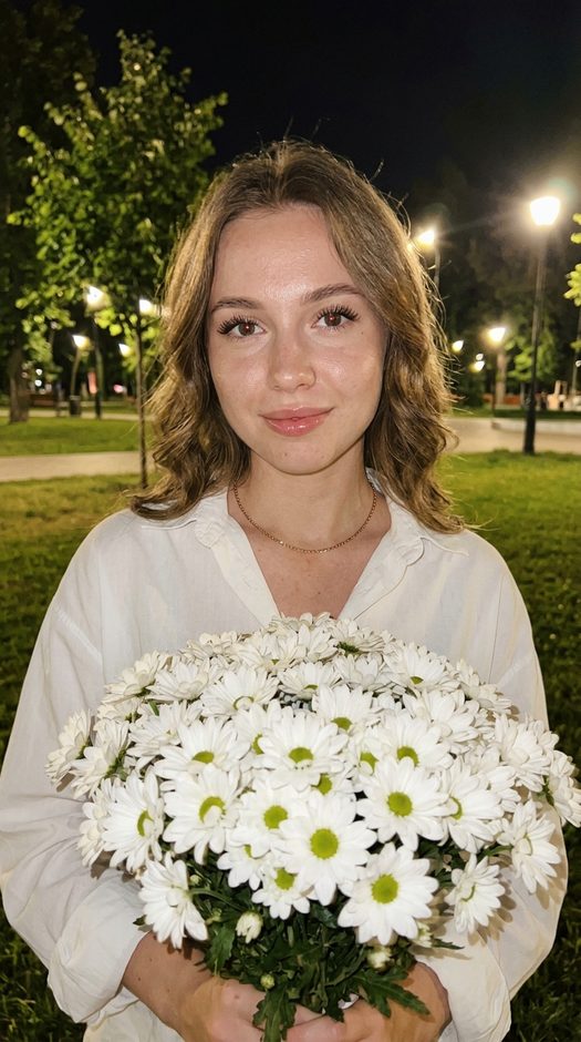 девушка с букетом ромашек ночью в парке